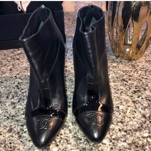 Channel leather booties w/ gold heel